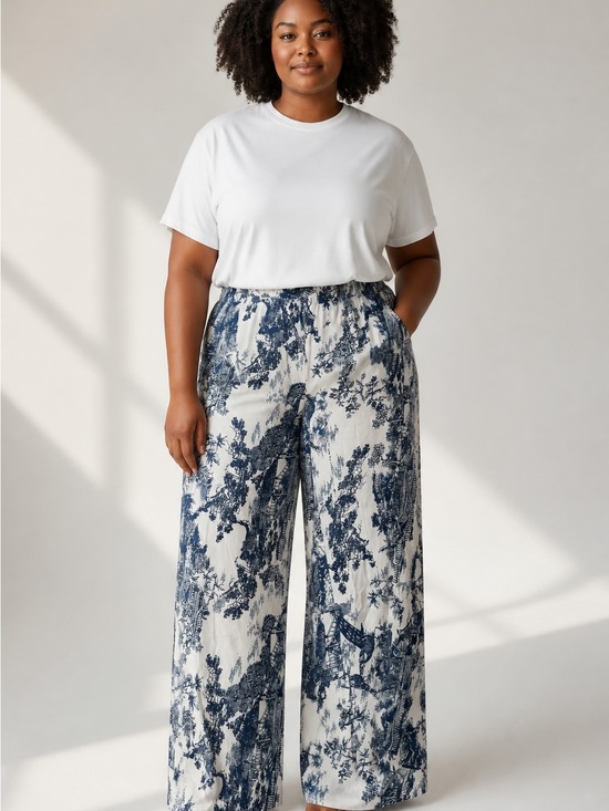 SHEIN Pants - Navy & White Toile Wide-Leg Palazzo Pants